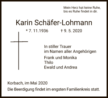 Traueranzeige von Karin Schäfer-Lohmann von WLZ