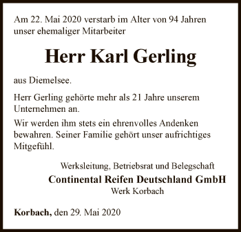 Traueranzeige von Karl Gerling von WLZ