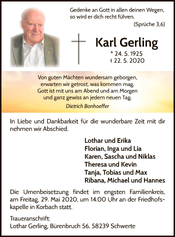 Traueranzeige von Karl Gerling von WLZ