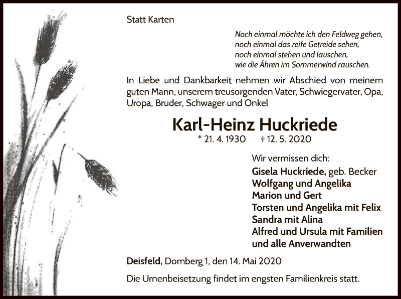  Traueranzeige für Karl-Heinz Huckriede vom 14.05.2020 aus WLZ