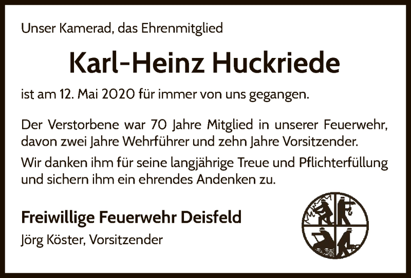  Traueranzeige für Karl-Heinz Huckriede vom 20.05.2020 aus WLZ