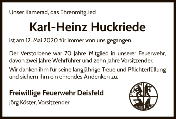 Traueranzeige von Karl-Heinz Huckriede von WLZ