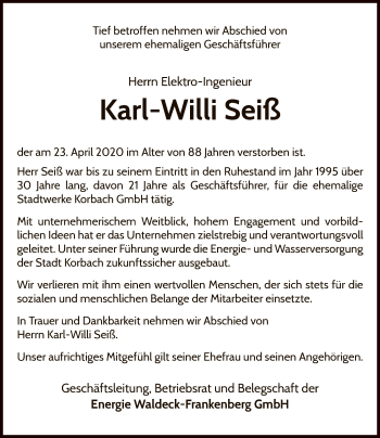 Traueranzeige von Karl-Willi Seiß von WLZ