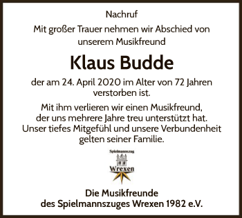 Traueranzeige von Klaus Budde von WLZ