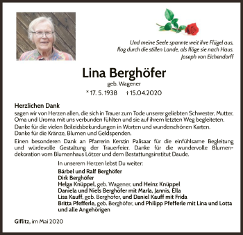 Traueranzeige von Lina Berghöfer von WLZ