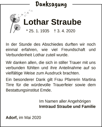 Traueranzeige von Lothar Straube von WLZ