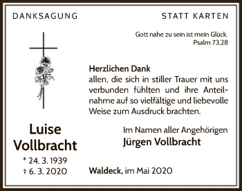 Traueranzeige von Luise Vollbracht von WLZ