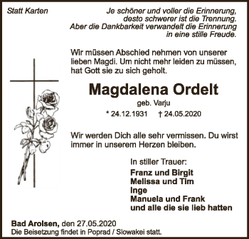 Traueranzeige von Magdalena Ordelt von WLZ