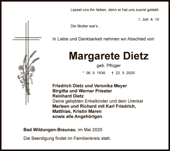 Traueranzeige von Margarete Dietz von WLZ