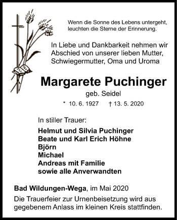 Traueranzeige von Margarete Puchinger von HNA