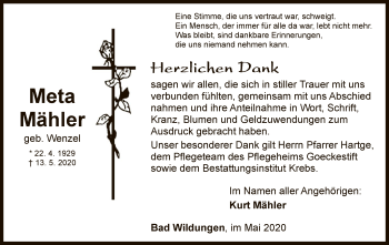 Traueranzeige von Meta Mähler von WLZ