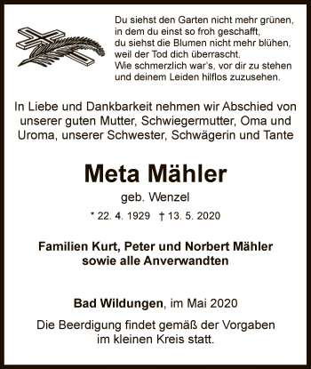Traueranzeige von Meta Mähler von WLZ