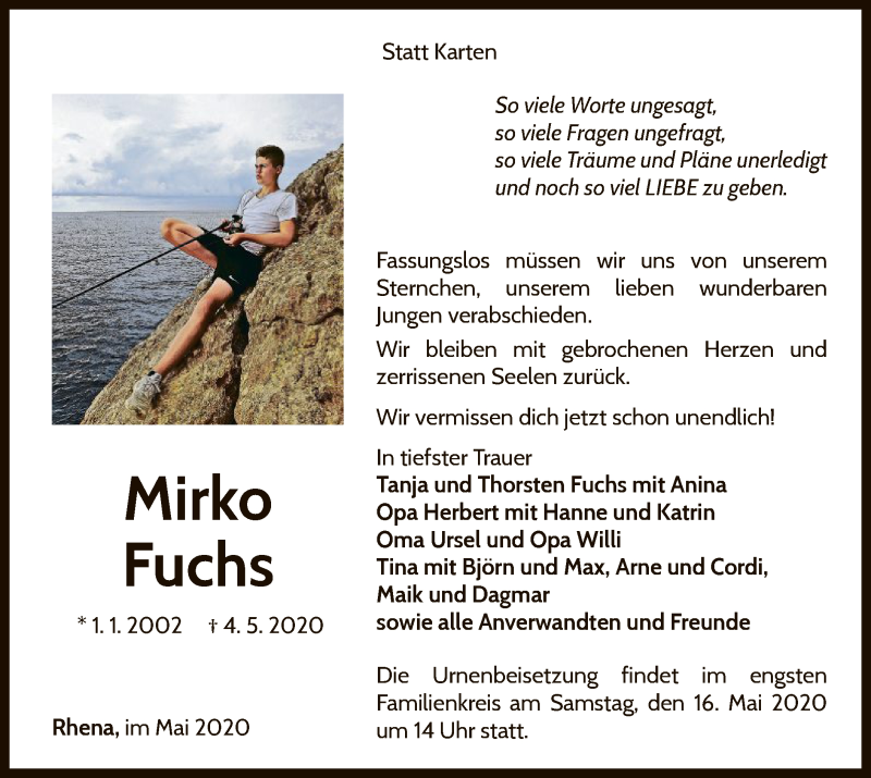  Traueranzeige für Mirko Fuchs vom 09.05.2020 aus WLZ