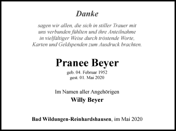 Traueranzeige von Pranee Beyer von WLZ