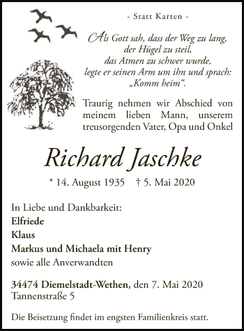 Traueranzeige von Richard Jaschke von WLZ