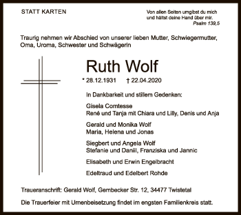 Traueranzeige von Ruth Wolf von WLZ