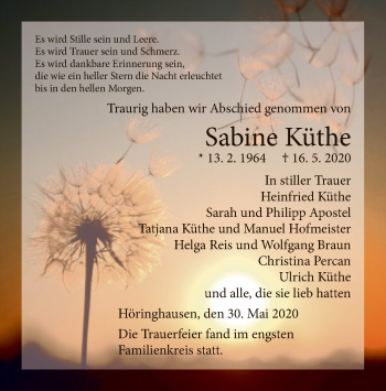 Traueranzeige von Sabine Küthe von WLZ