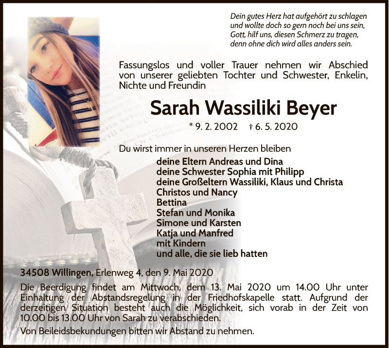  Traueranzeige für Sarah Wassiliki Beyer vom 09.05.2020 aus WLZ
