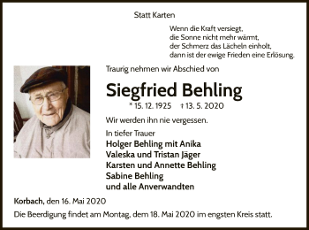 Traueranzeige von Siegfried Behling von WLZ