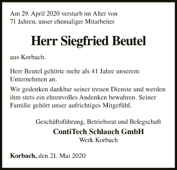 Traueranzeige von Siegfried Beutel von WLZ