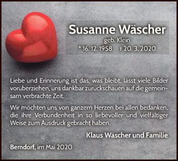 Traueranzeige von Susanne Wäscher von WLZ