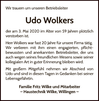Traueranzeige von Udo Wolkers von WLZ