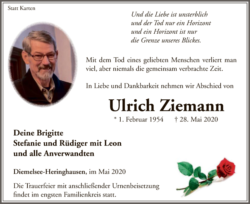  Traueranzeige für Ulrich Ziemann vom 30.05.2020 aus WLZ