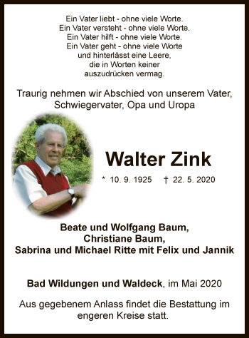 Traueranzeige von Walter Zink von WLZ