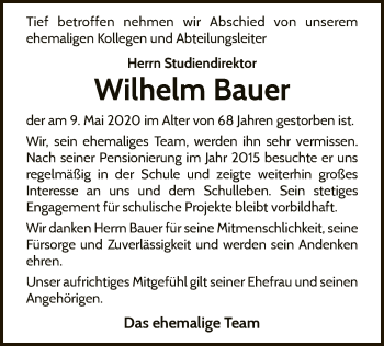 Traueranzeige von Wilhelm Bauer von WLZ