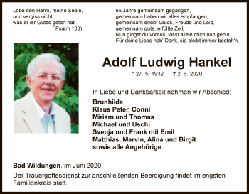 Traueranzeige von Adolf Ludwig Hankel von WLZ