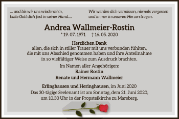 Traueranzeige von Andrea Wallmeier-Rostin von WLZ