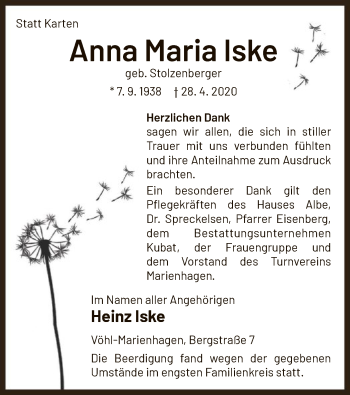 Traueranzeige von Anna Maria Iske von WLZ