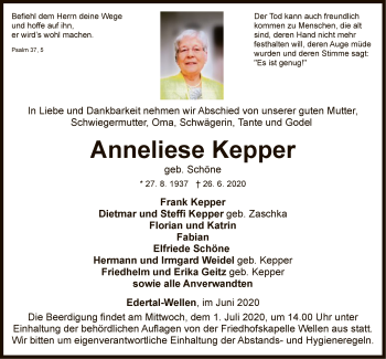 Traueranzeige von Anneliese Kepper von WLZ