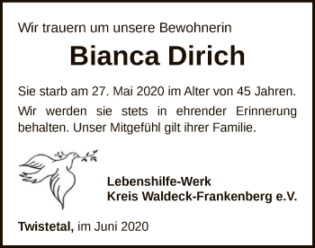 Traueranzeige von Bianca Dirich von WLZ
