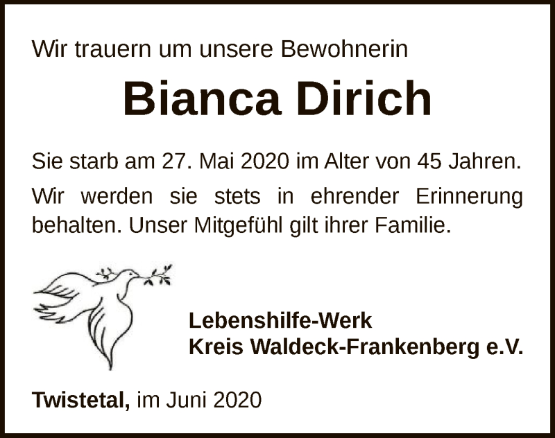  Traueranzeige für Bianca Dirich vom 04.06.2020 aus WLZ