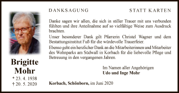 Traueranzeige von Brigitte Mohr von WLZ