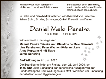 Traueranzeige von Daniel Melo Pereira von WLZ