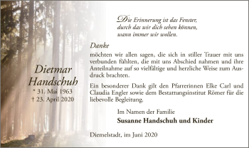 Traueranzeige von Dietmar Handschuh von WLZ