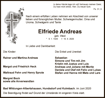 Traueranzeige von Elfriede Andreas von WLZ