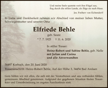Traueranzeige von Elfriede Behle von WLZ