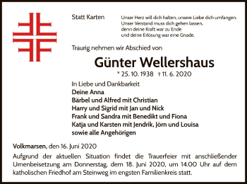 Traueranzeige von Günter Wellershaus von WLZ