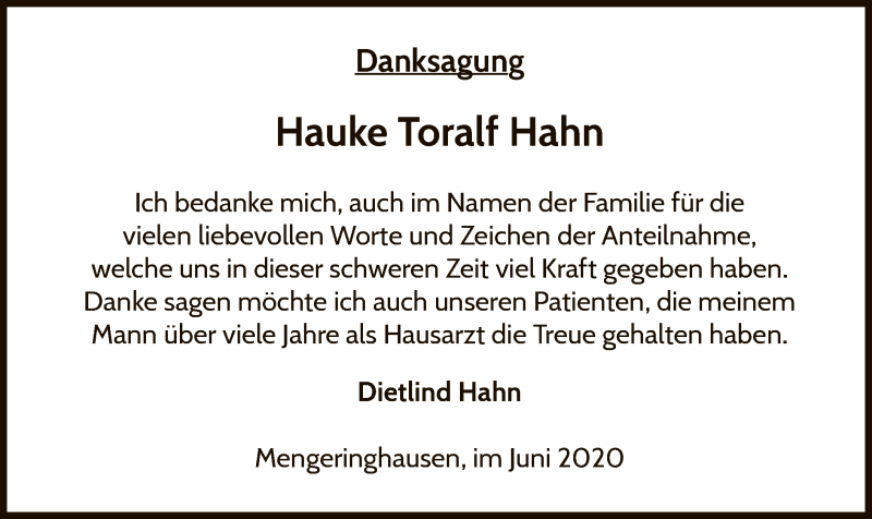  Traueranzeige für Hauke Toralf Hahn vom 20.06.2020 aus WLZ