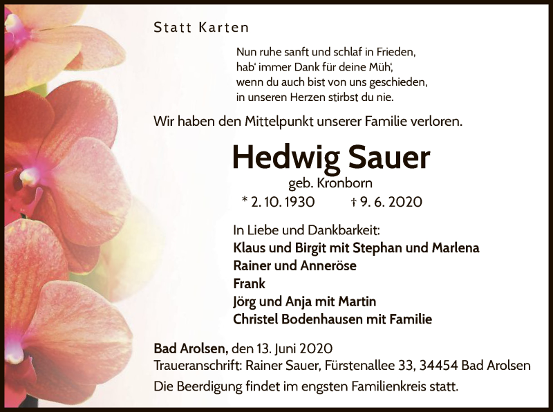  Traueranzeige für Hedwig Sauer vom 13.06.2020 aus WLZ