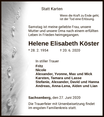 Traueranzeige von Helene Elisabeth Köster von HNA