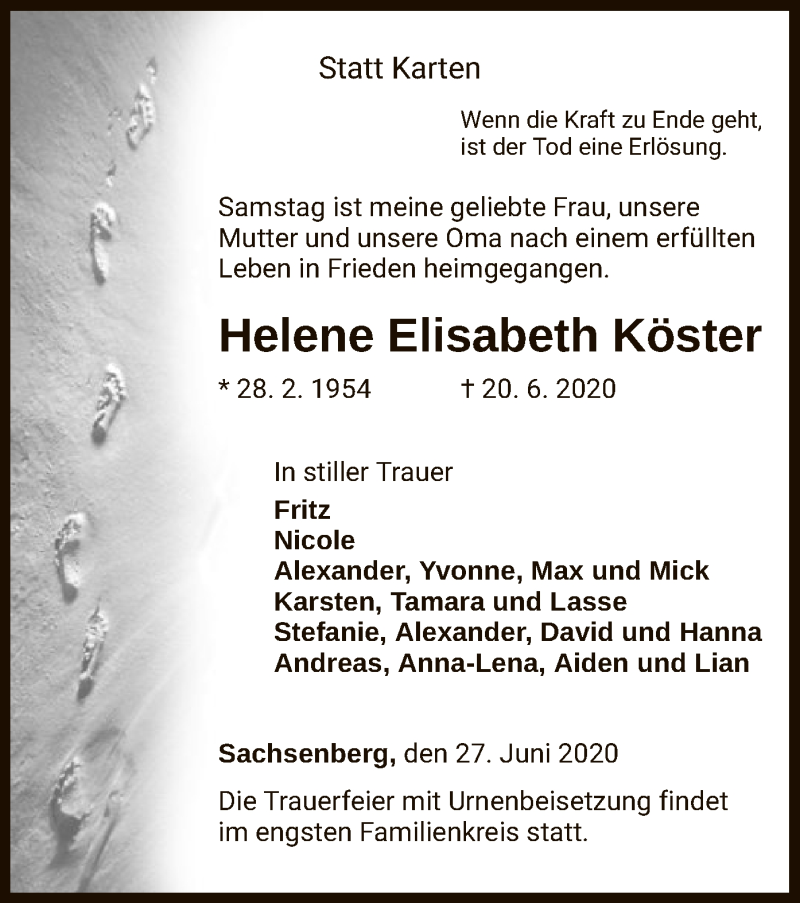  Traueranzeige für Helene Elisabeth Köster vom 27.06.2020 aus HNA