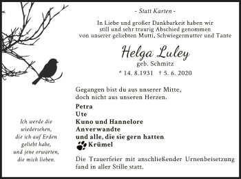 Traueranzeige von Helga Luley von WLZ