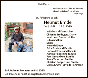Traueranzeige von Helmut Emde von WLZ