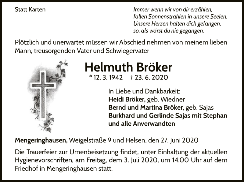  Traueranzeige für Helmuth Bröker vom 27.06.2020 aus WLZ