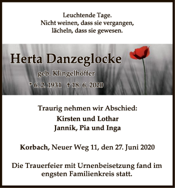 Traueranzeige von Herta Danzeglocke von WLZ