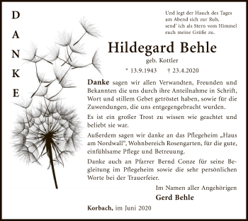 Traueranzeige von Hildegard Behle von WLZ